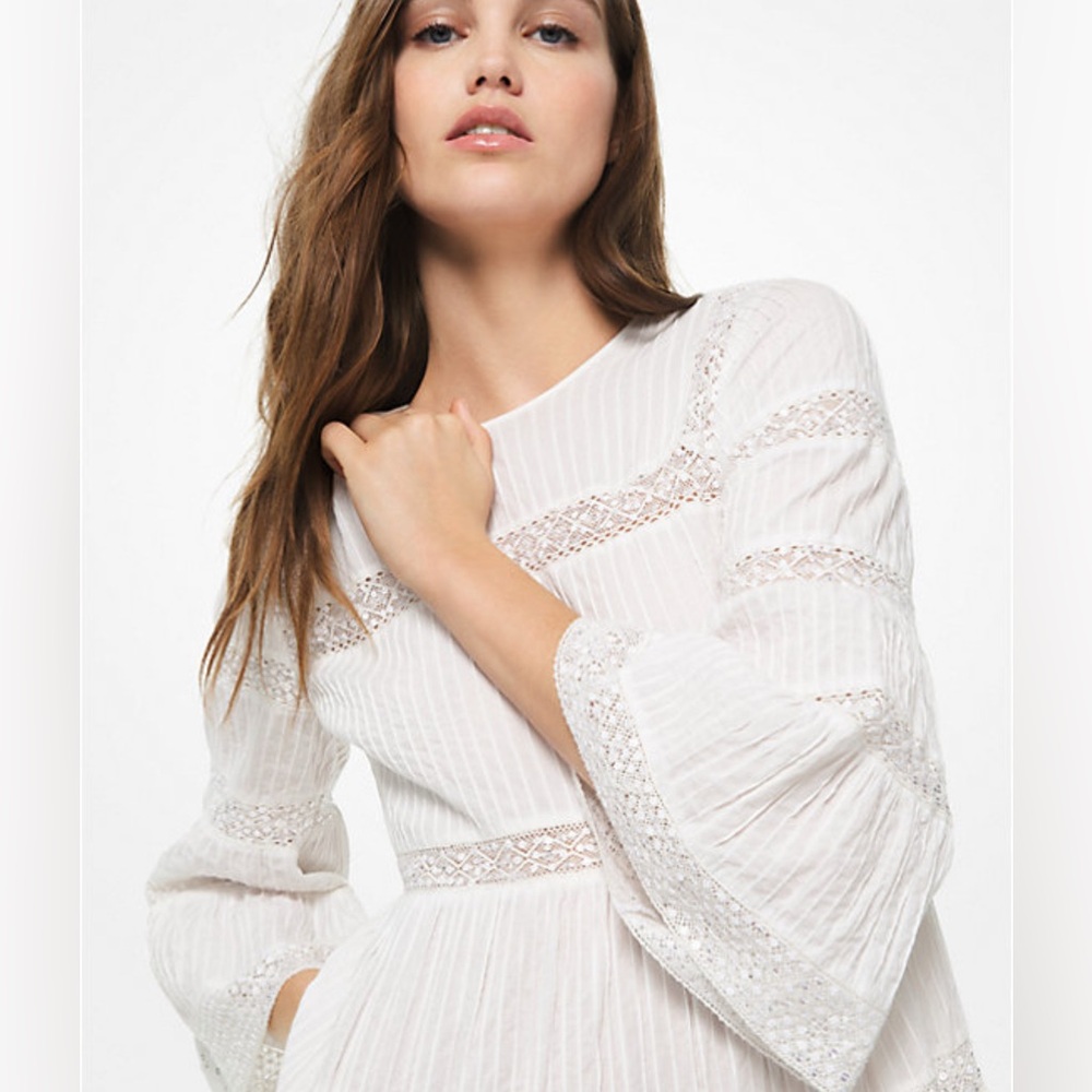 MICHAEL MICHAEL KORS White Corded Cotton & Sequined Lace Bell Sleeve Dress S NWT - Picture 2 of 13